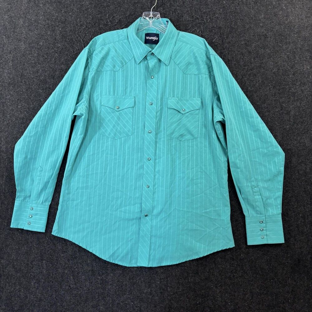Wrangler Pearl Snap Shirt Men's Large Green Striped Western Rodeo Cowboy Pockets